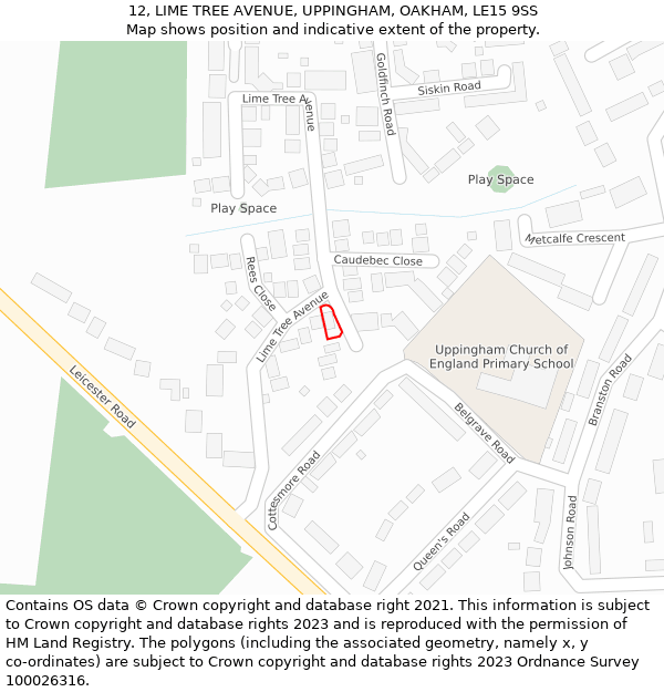 12, LIME TREE AVENUE, UPPINGHAM, OAKHAM, LE15 9SS: Location map and indicative extent of plot