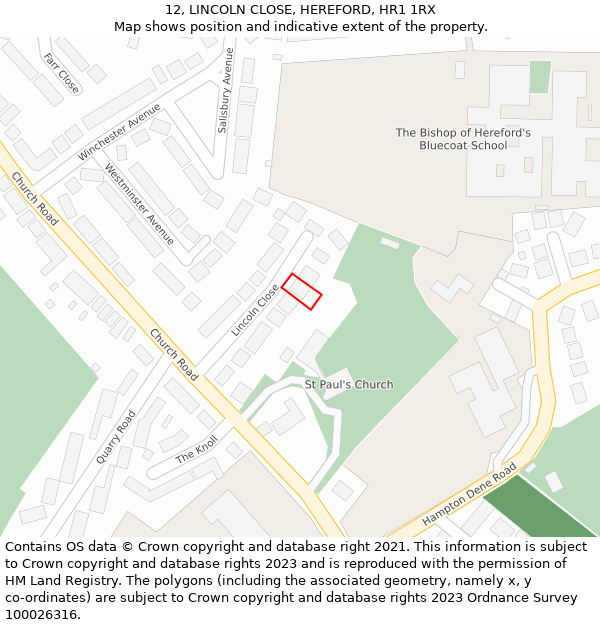 12, LINCOLN CLOSE, HEREFORD, HR1 1RX: Location map and indicative extent of plot