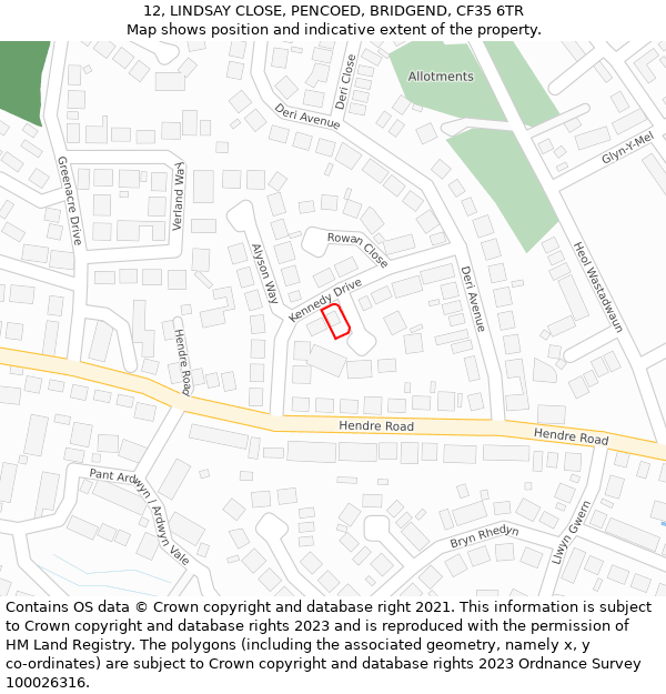 12, LINDSAY CLOSE, PENCOED, BRIDGEND, CF35 6TR: Location map and indicative extent of plot