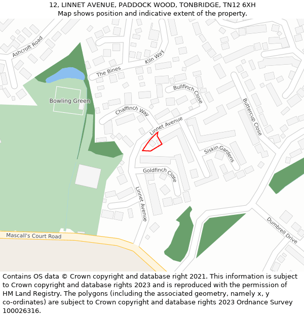 12, LINNET AVENUE, PADDOCK WOOD, TONBRIDGE, TN12 6XH: Location map and indicative extent of plot