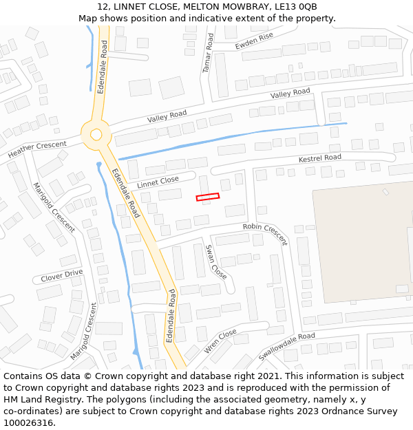 12, LINNET CLOSE, MELTON MOWBRAY, LE13 0QB: Location map and indicative extent of plot