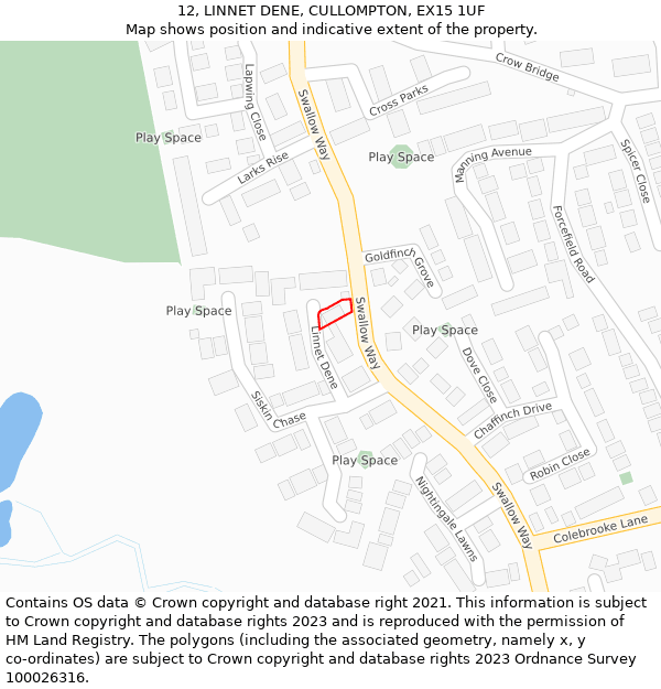 12, LINNET DENE, CULLOMPTON, EX15 1UF: Location map and indicative extent of plot