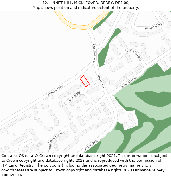 12, LINNET HILL, MICKLEOVER, DERBY, DE3 0SJ: Location map and indicative extent of plot