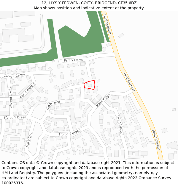 12, LLYS Y FEDWEN, COITY, BRIDGEND, CF35 6DZ: Location map and indicative extent of plot