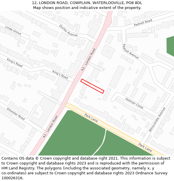 12, LONDON ROAD, COWPLAIN, WATERLOOVILLE, PO8 8DL: Location map and indicative extent of plot