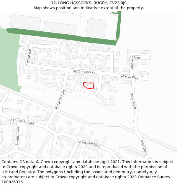 12, LONG HASSOCKS, RUGBY, CV23 0JS: Location map and indicative extent of plot