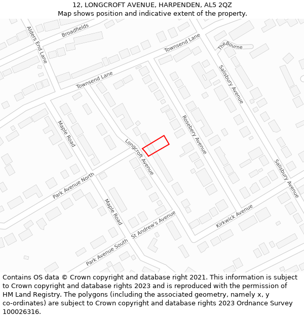 12, LONGCROFT AVENUE, HARPENDEN, AL5 2QZ: Location map and indicative extent of plot