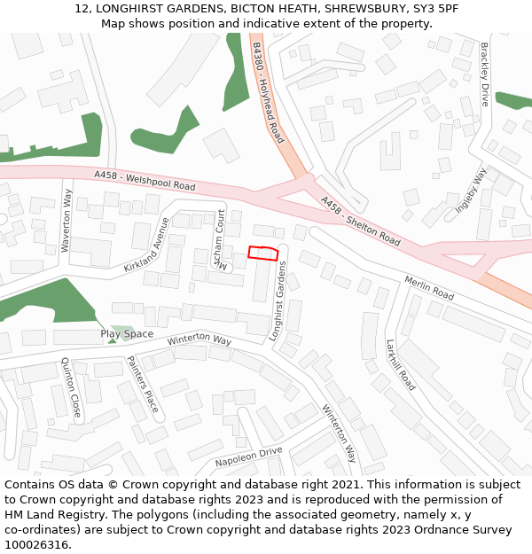 12, LONGHIRST GARDENS, BICTON HEATH, SHREWSBURY, SY3 5PF: Location map and indicative extent of plot