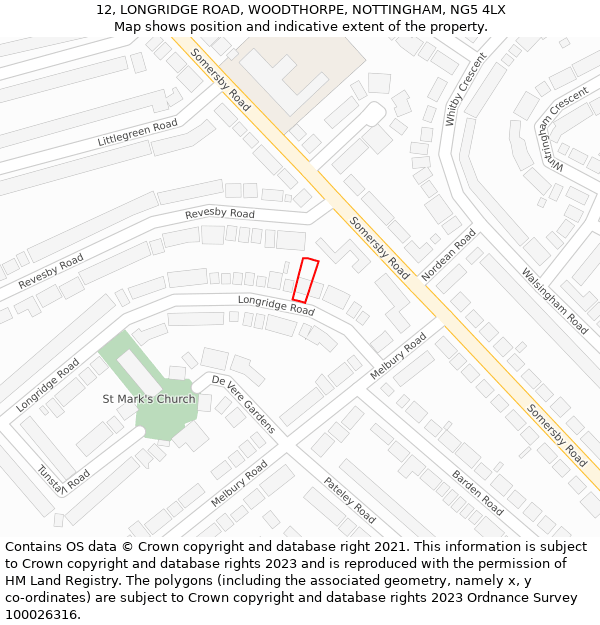 12, LONGRIDGE ROAD, WOODTHORPE, NOTTINGHAM, NG5 4LX: Location map and indicative extent of plot