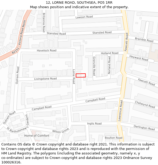 12, LORNE ROAD, SOUTHSEA, PO5 1RR: Location map and indicative extent of plot