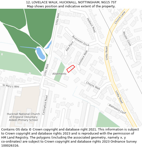 12, LOVELACE WALK, HUCKNALL, NOTTINGHAM, NG15 7ST: Location map and indicative extent of plot