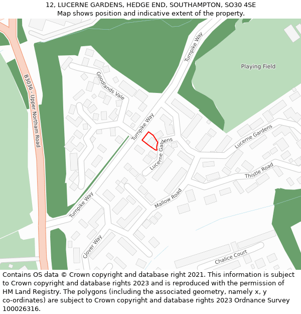 12, LUCERNE GARDENS, HEDGE END, SOUTHAMPTON, SO30 4SE: Location map and indicative extent of plot