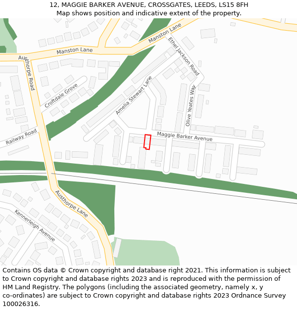 12, MAGGIE BARKER AVENUE, CROSSGATES, LEEDS, LS15 8FH: Location map and indicative extent of plot
