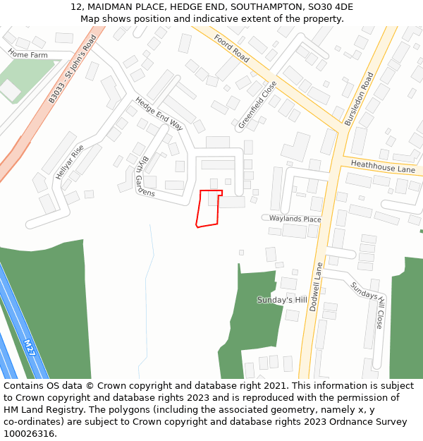 12, MAIDMAN PLACE, HEDGE END, SOUTHAMPTON, SO30 4DE: Location map and indicative extent of plot