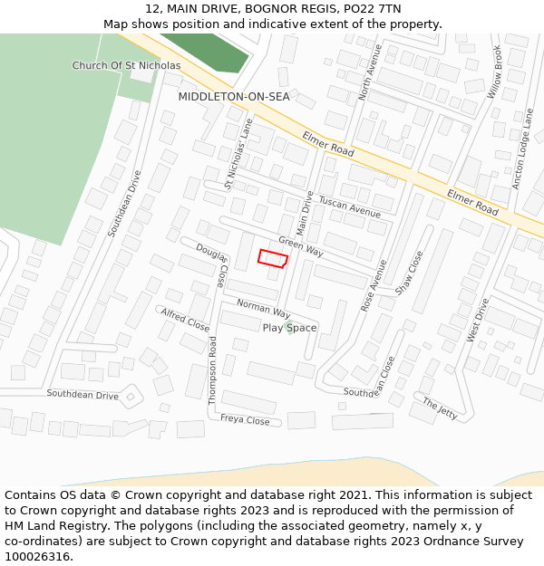 12, MAIN DRIVE, BOGNOR REGIS, PO22 7TN: Location map and indicative extent of plot