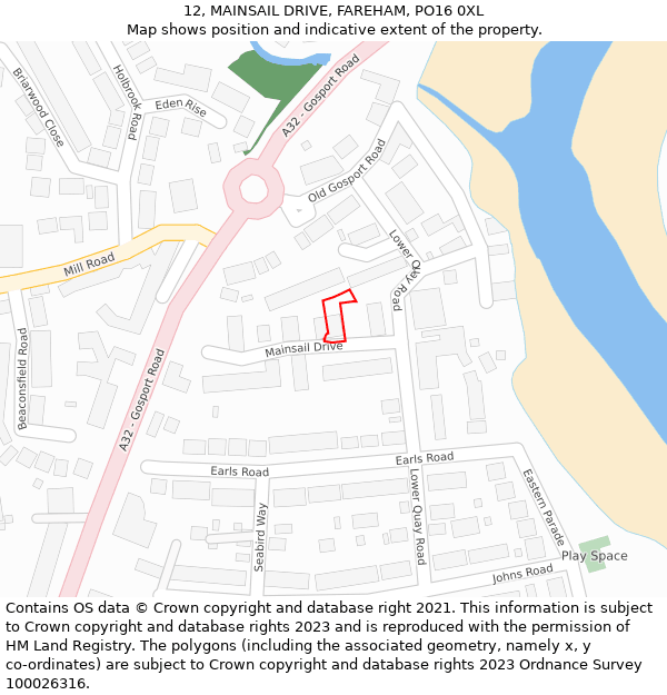 12, MAINSAIL DRIVE, FAREHAM, PO16 0XL: Location map and indicative extent of plot