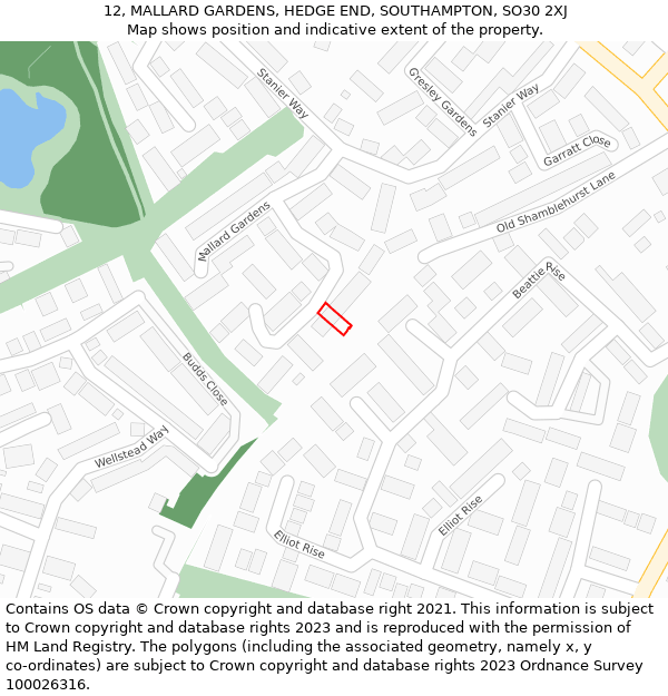 12, MALLARD GARDENS, HEDGE END, SOUTHAMPTON, SO30 2XJ: Location map and indicative extent of plot