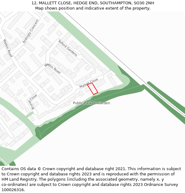 12, MALLETT CLOSE, HEDGE END, SOUTHAMPTON, SO30 2NH: Location map and indicative extent of plot