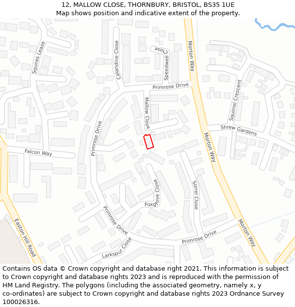 12, MALLOW CLOSE, THORNBURY, BRISTOL, BS35 1UE: Location map and indicative extent of plot