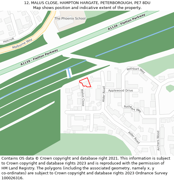 12, MALUS CLOSE, HAMPTON HARGATE, PETERBOROUGH, PE7 8DU: Location map and indicative extent of plot