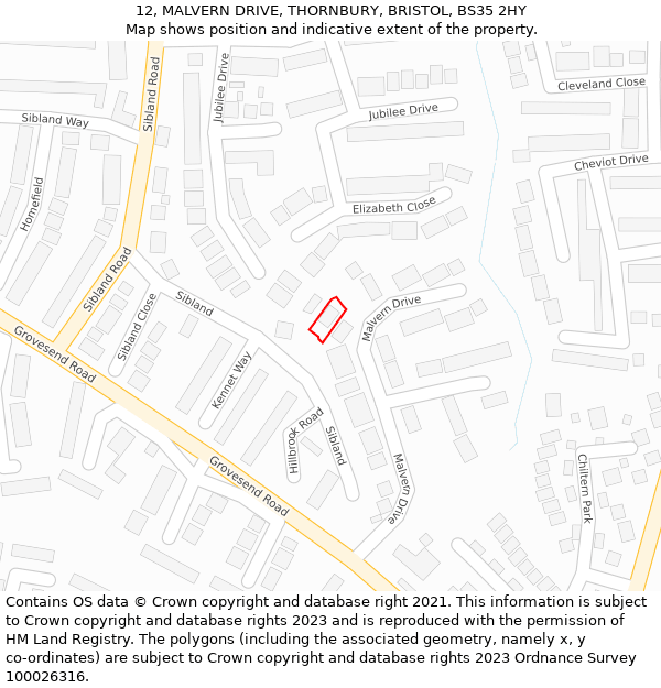 12, MALVERN DRIVE, THORNBURY, BRISTOL, BS35 2HY: Location map and indicative extent of plot