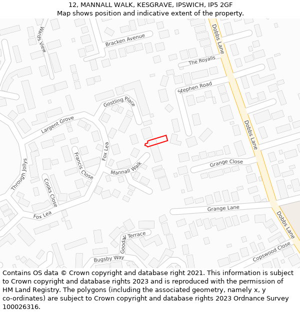 12, MANNALL WALK, KESGRAVE, IPSWICH, IP5 2GF: Location map and indicative extent of plot