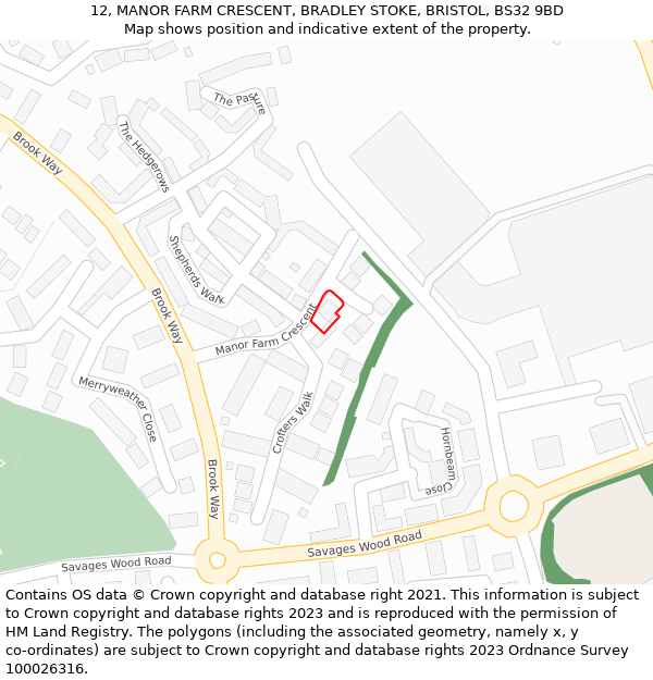 12, MANOR FARM CRESCENT, BRADLEY STOKE, BRISTOL, BS32 9BD: Location map and indicative extent of plot