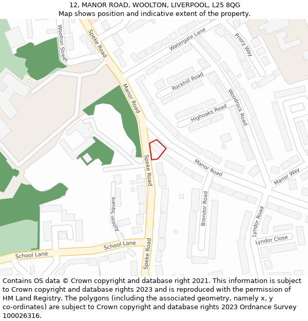 12, MANOR ROAD, WOOLTON, LIVERPOOL, L25 8QG: Location map and indicative extent of plot