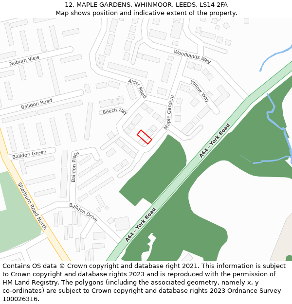 12, MAPLE GARDENS, WHINMOOR, LEEDS, LS14 2FA: Location map and indicative extent of plot