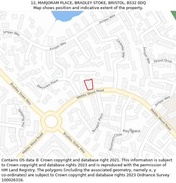 12, MARJORAM PLACE, BRADLEY STOKE, BRISTOL, BS32 0DQ: Location map and indicative extent of plot