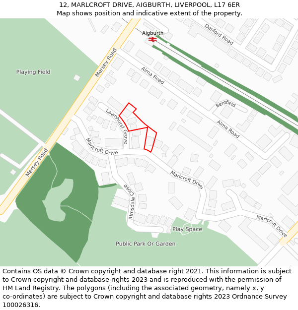 12, MARLCROFT DRIVE, AIGBURTH, LIVERPOOL, L17 6ER: Location map and indicative extent of plot