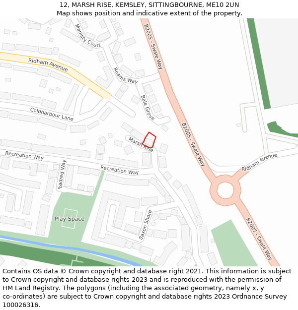 12, MARSH RISE, KEMSLEY, SITTINGBOURNE, ME10 2UN: Location map and indicative extent of plot