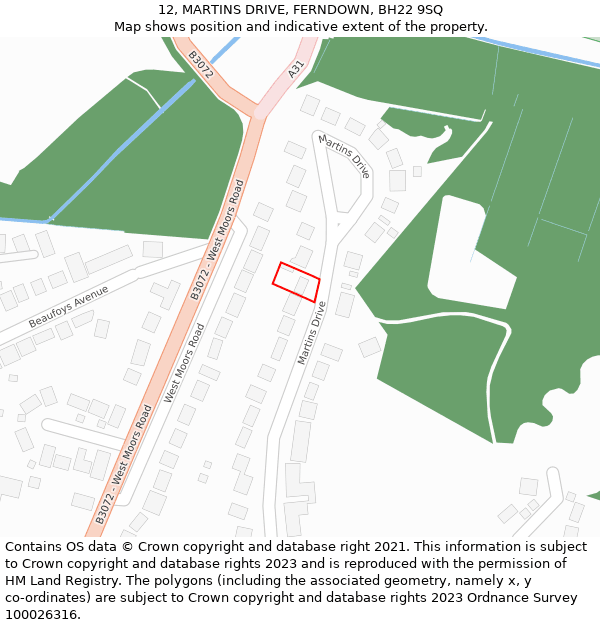 12, MARTINS DRIVE, FERNDOWN, BH22 9SQ: Location map and indicative extent of plot