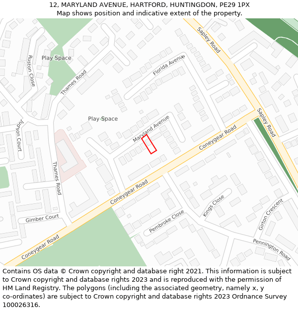 12, MARYLAND AVENUE, HARTFORD, HUNTINGDON, PE29 1PX: Location map and indicative extent of plot