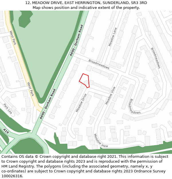 12, MEADOW DRIVE, EAST HERRINGTON, SUNDERLAND, SR3 3RD: Location map and indicative extent of plot