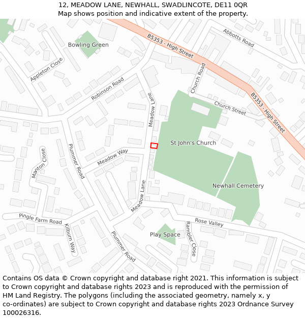 12, MEADOW LANE, NEWHALL, SWADLINCOTE, DE11 0QR: Location map and indicative extent of plot