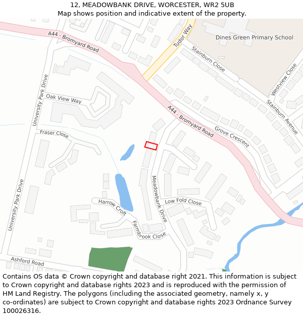 12, MEADOWBANK DRIVE, WORCESTER, WR2 5UB: Location map and indicative extent of plot