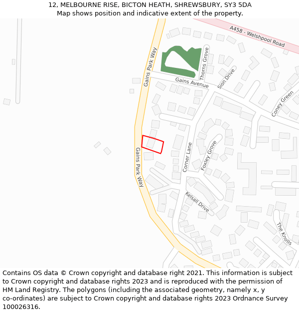 12, MELBOURNE RISE, BICTON HEATH, SHREWSBURY, SY3 5DA: Location map and indicative extent of plot