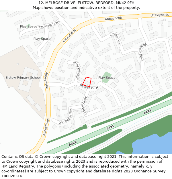 12, MELROSE DRIVE, ELSTOW, BEDFORD, MK42 9FH: Location map and indicative extent of plot