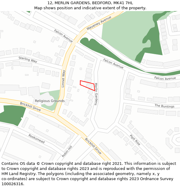 12, MERLIN GARDENS, BEDFORD, MK41 7HL: Location map and indicative extent of plot