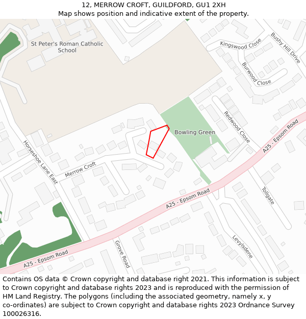 12, MERROW CROFT, GUILDFORD, GU1 2XH: Location map and indicative extent of plot