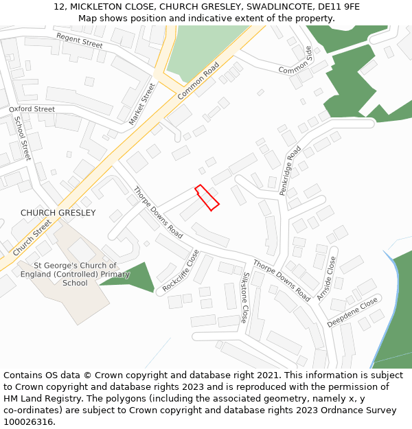 12, MICKLETON CLOSE, CHURCH GRESLEY, SWADLINCOTE, DE11 9FE: Location map and indicative extent of plot