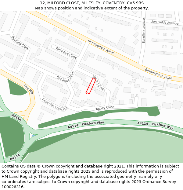 12, MILFORD CLOSE, ALLESLEY, COVENTRY, CV5 9BS: Location map and indicative extent of plot