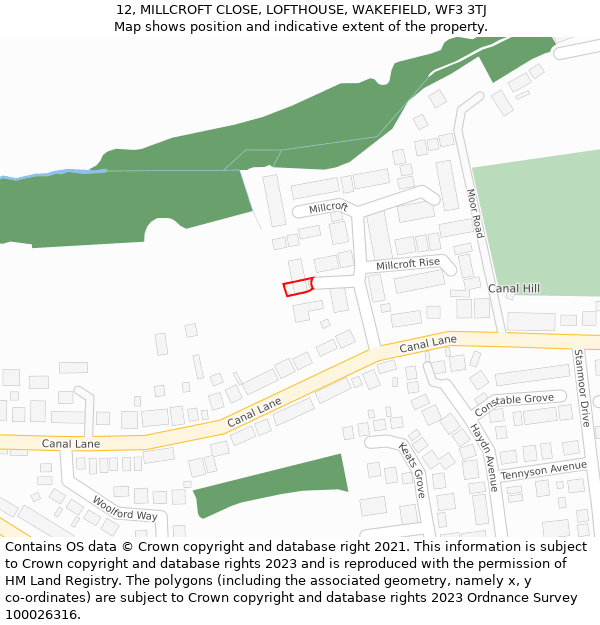 12, MILLCROFT CLOSE, LOFTHOUSE, WAKEFIELD, WF3 3TJ: Location map and indicative extent of plot