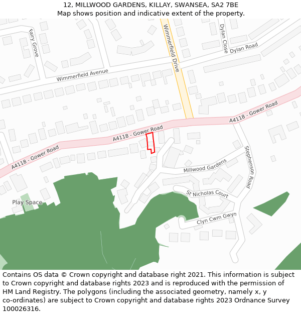 12, MILLWOOD GARDENS, KILLAY, SWANSEA, SA2 7BE: Location map and indicative extent of plot