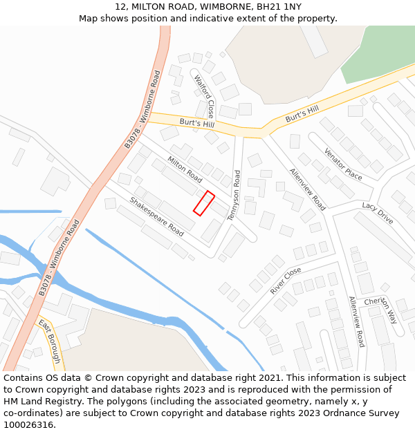 12, MILTON ROAD, WIMBORNE, BH21 1NY: Location map and indicative extent of plot