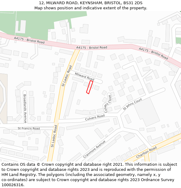 12, MILWARD ROAD, KEYNSHAM, BRISTOL, BS31 2DS: Location map and indicative extent of plot