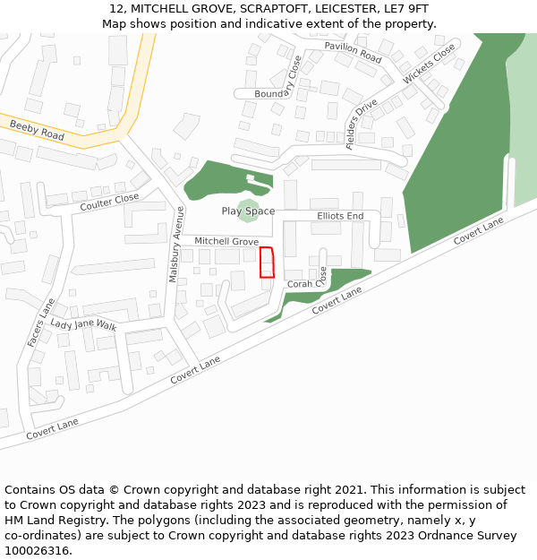 12, MITCHELL GROVE, SCRAPTOFT, LEICESTER, LE7 9FT: Location map and indicative extent of plot