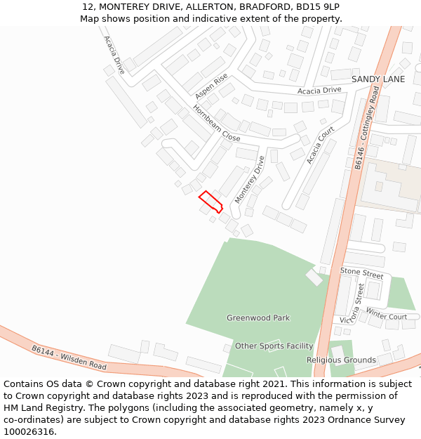 12, MONTEREY DRIVE, ALLERTON, BRADFORD, BD15 9LP: Location map and indicative extent of plot