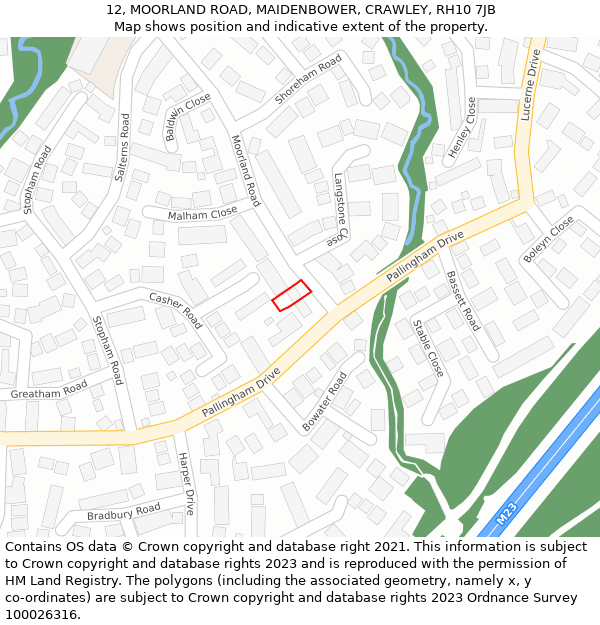 12, MOORLAND ROAD, MAIDENBOWER, CRAWLEY, RH10 7JB: Location map and indicative extent of plot